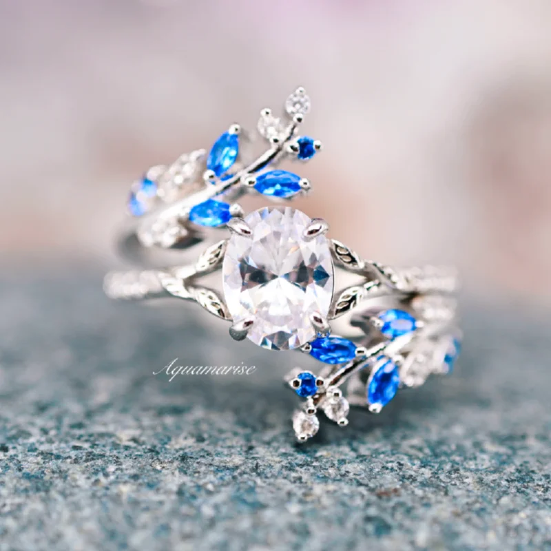 Glint druzy ring-Blue Sapphire & Moissanite/Diamond Leaf Engagement Ring Set- 14K White Gold