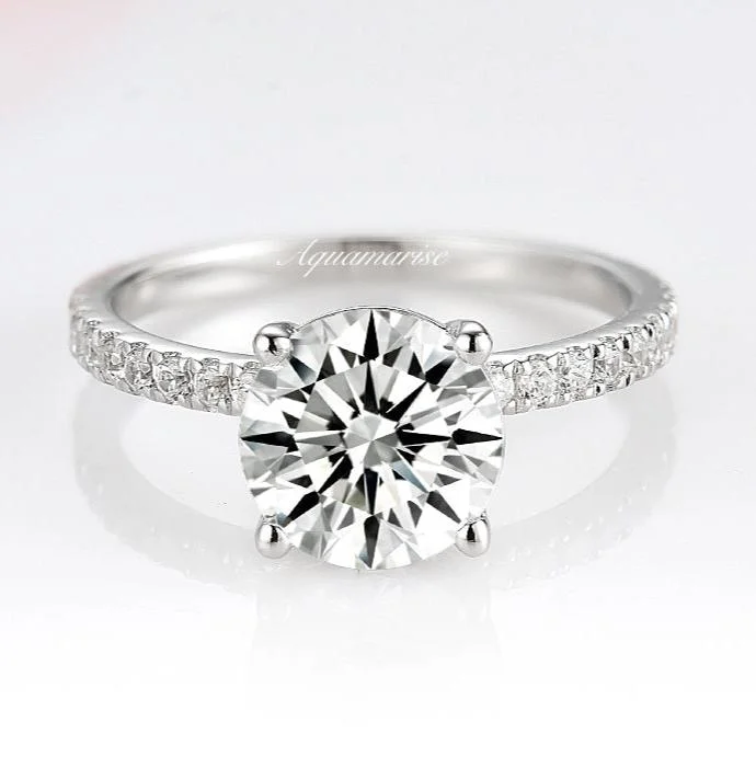 Stamped pattern ring-2CT Classic Round Brilliant Cut Moissanite Engagement Ring- 14K White Gold