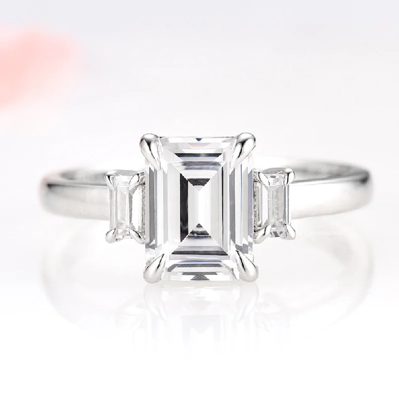 Tiered stone ring-Emerald Cut Moissanite Engagement Ring- 14K White Gold