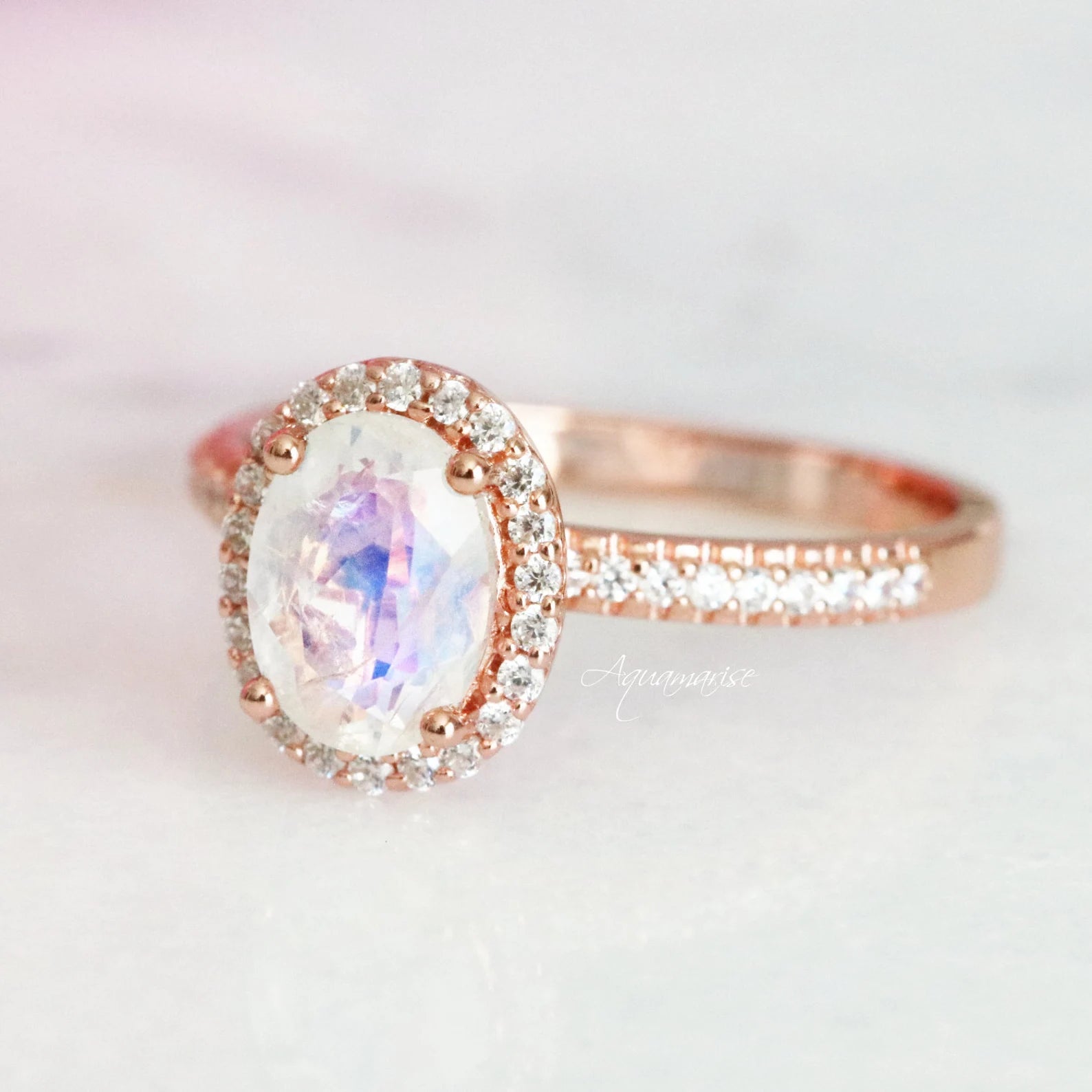 Wavy edge ring-Iris Moonstone Engagement Ring- 10K/14K/18K Solid Rose Gold