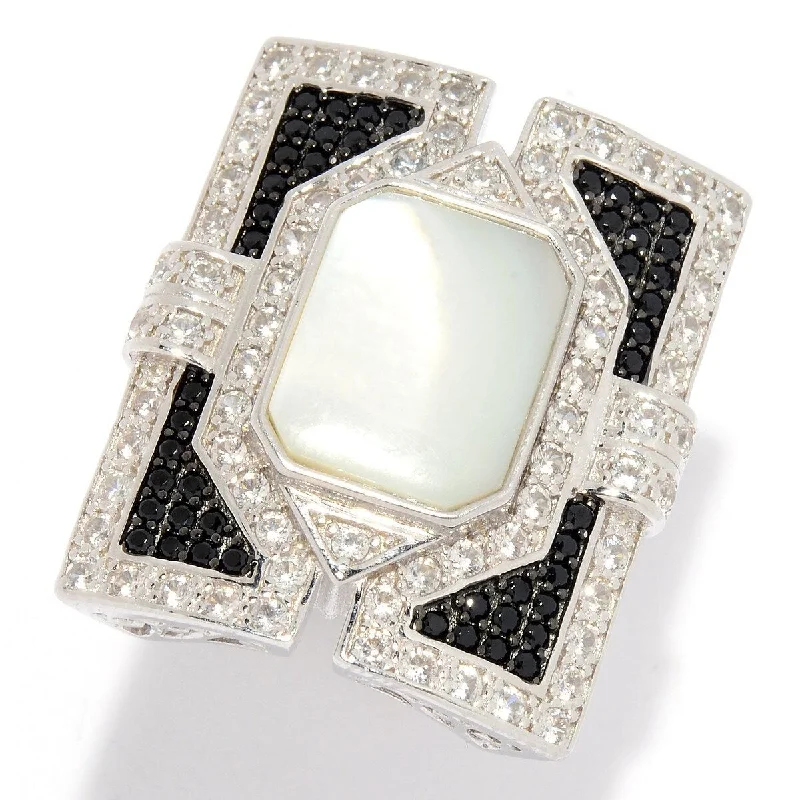 Edwardian bend ring-Dallas Prince Mother-of-Pearl, Black Spinel & White Zircon Rectangular Ring