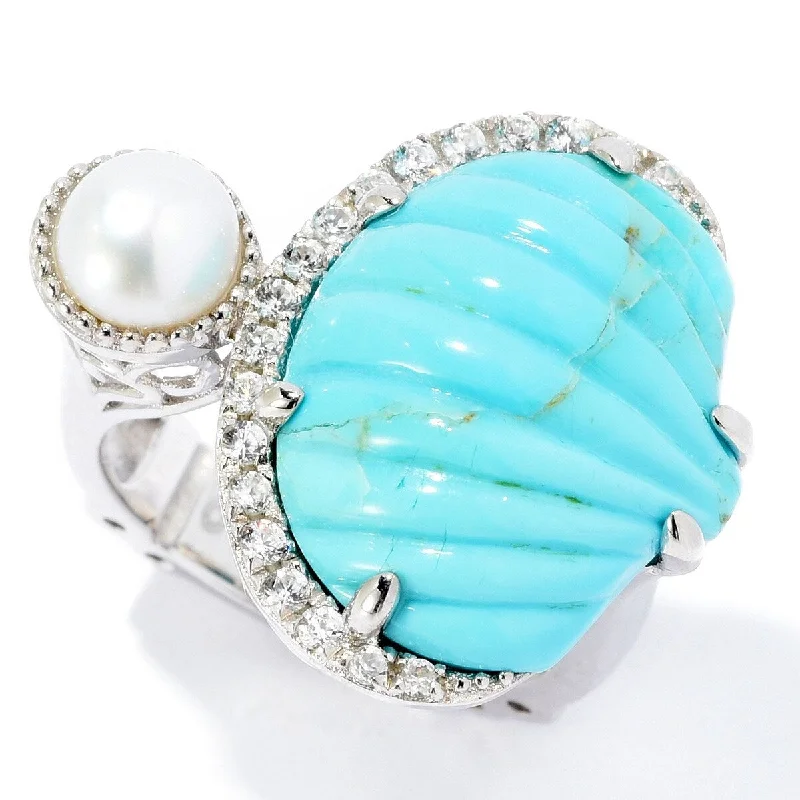 Quartz fleck ring-Dallas Prince Sterling Silver Carved Gemstone, Cultured Pearl & White Zircon Ring