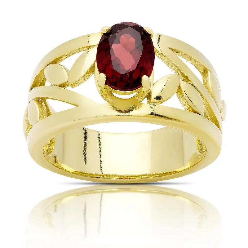 Tilted stone ring-Dolce Giavonna Gold Over Sterling Silver Oval Garnet Leaf Design Ring