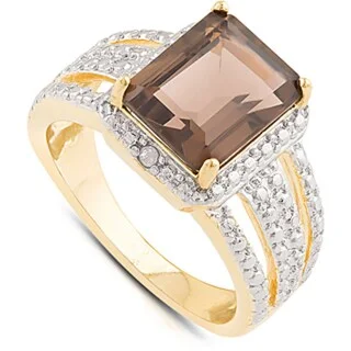 Sage twig ring-Dolce Giavonna Gold Over Sterling Silver Smokey Quartz and Diamond Accent Square Ring