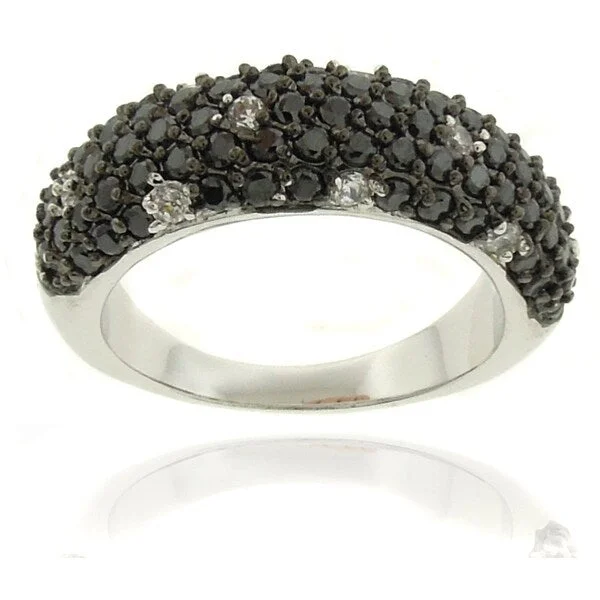 Etched wedding ring-Dolce Giavonna Silver Overlay Cubic Zirconia Black and White Dotted Ring