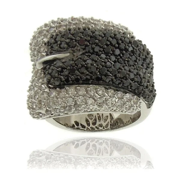 Gritty grain ring-Dolce Giavonna Silverplated Cubic Zirconia Black and White Buckle Ring