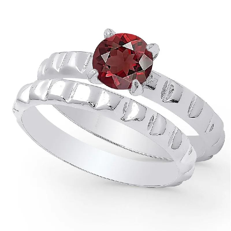 Apex gem ring-Dolce Giavonna Sterling Silver Garnet Solitaire Bridal Ring Set