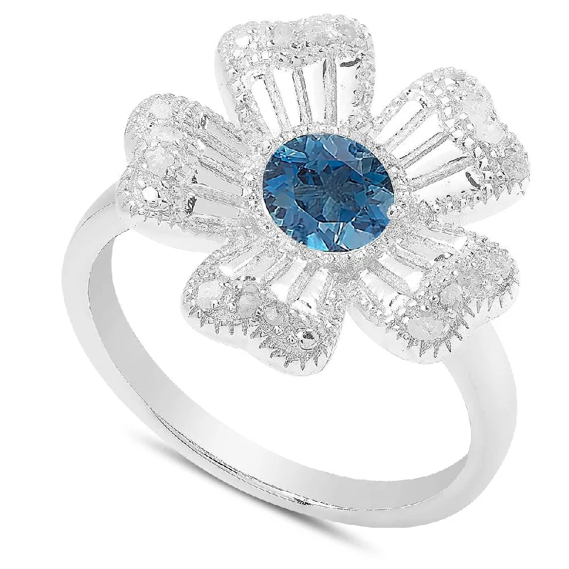 Alloy blend ring-Dolce Giavonna Sterling Silver London Blue Topaz and Diamond Accent Flower Ring