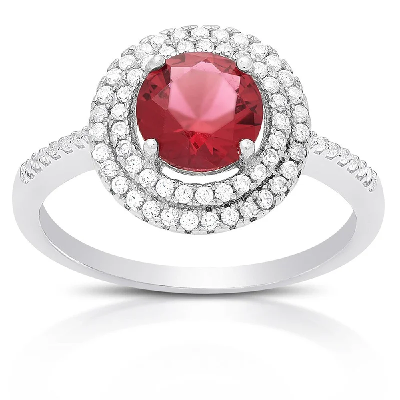 Notched edge ring-Dolce Giavonna Sterling Silver Simulated Rhodolite and Cubic Zirconia Ring (Size 7)