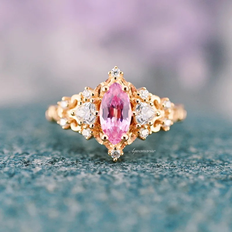 Eighteen-stone ring-Elain Pink Sapphire Fairy Leaf Engagement Ring- 14K Solid Yellow Gold