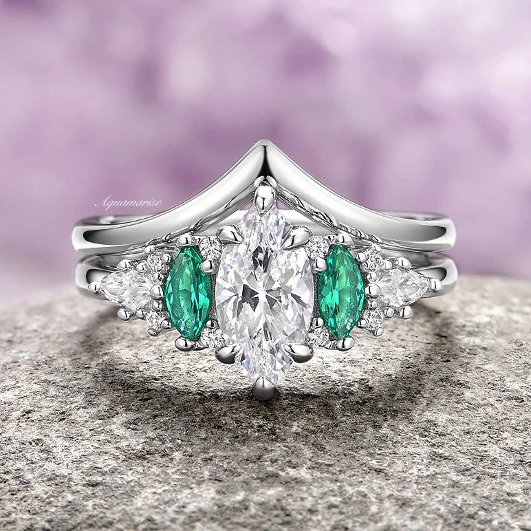 Edwardian bend ring-Emerie Moissanite Diamond & Emerald Engagement Ring Set- 14K White Gold