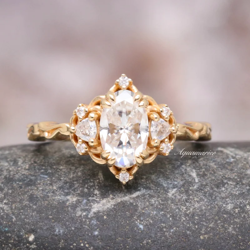 Carved ridge ring-Esme Moissanite/ Diamond Engagement Ring- 14K Solid Yellow Gold