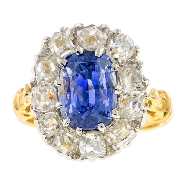 Outer gem ring-Antique Sapphire (No Heat) & Diamond Ring, Cushion 4.10ct.