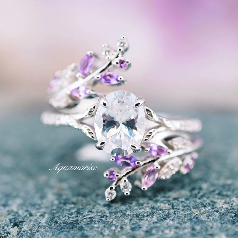 Sharp edge ring-Fairy Amethyst & Moissanite/Diamond Leaf Engagement Ring Set- 14K White Gold