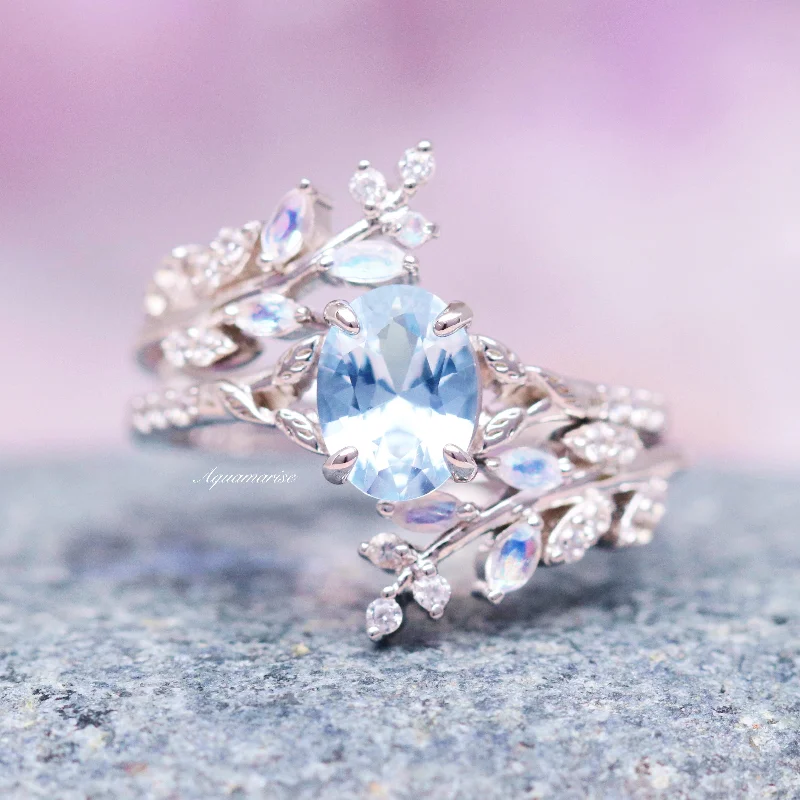 Woven twist ring-Fairy Aquamarine, Moonstone & Moissanite Leaf Engagement Ring Set- 14K Solid White Gold