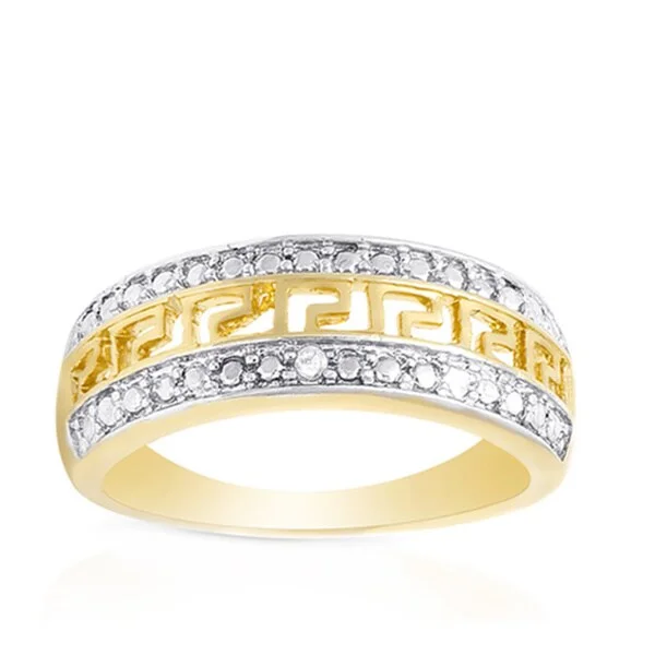 Helix coil ring-Finesque Yellow Gold over Silver Diamond Accent Greek Key Design Ring