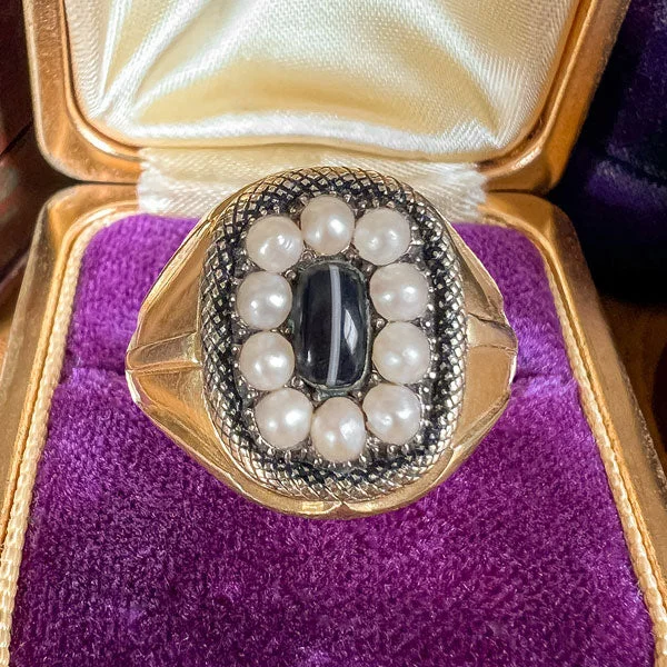 Yellow tiger eye ring-Georgian Agate & Pearl Poison Ring