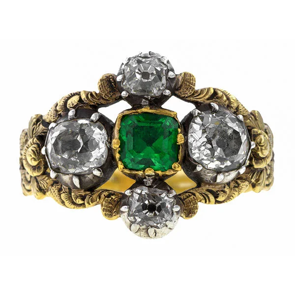 Plaid weave ring-Georgian Emerald & Diamond Ring