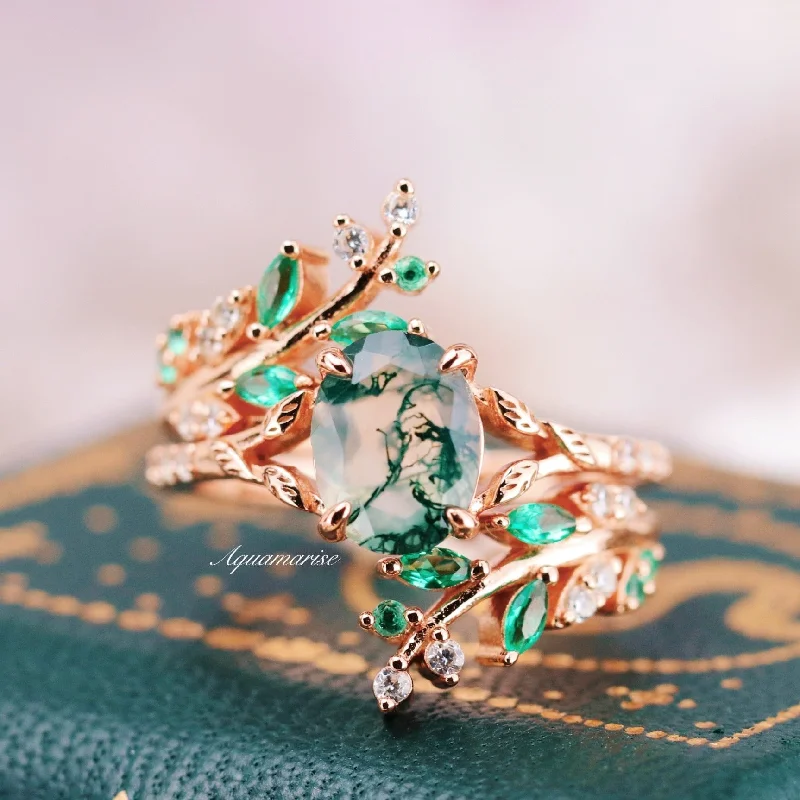 Fused stone ring-Green Moss Agate & Emerald Leaf Engagement Ring Set- 14K/ 18K Solid Rose Gold