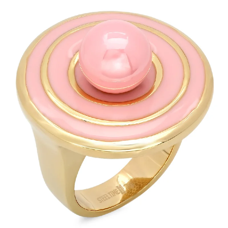 Pegged design ring-Ladies 18kt Gold Plated Stainless Steel Ring with Pink Enamel and Simulated Pearl