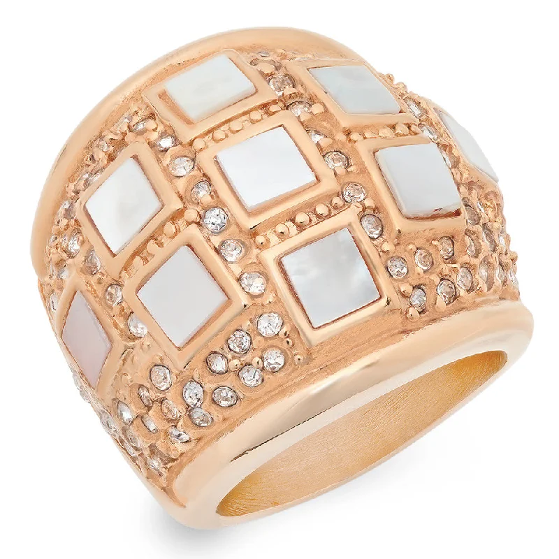 Tribal glyph ring-Ladies 18kt Rose Gold Plated Stainless Steel Mother of Pearl Ring