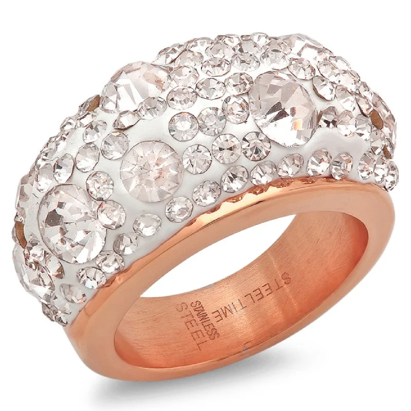 Fog bead ring-Ladies 18kt Rose Gold Plated Stainless Steel Ring with Simulated Diamonds