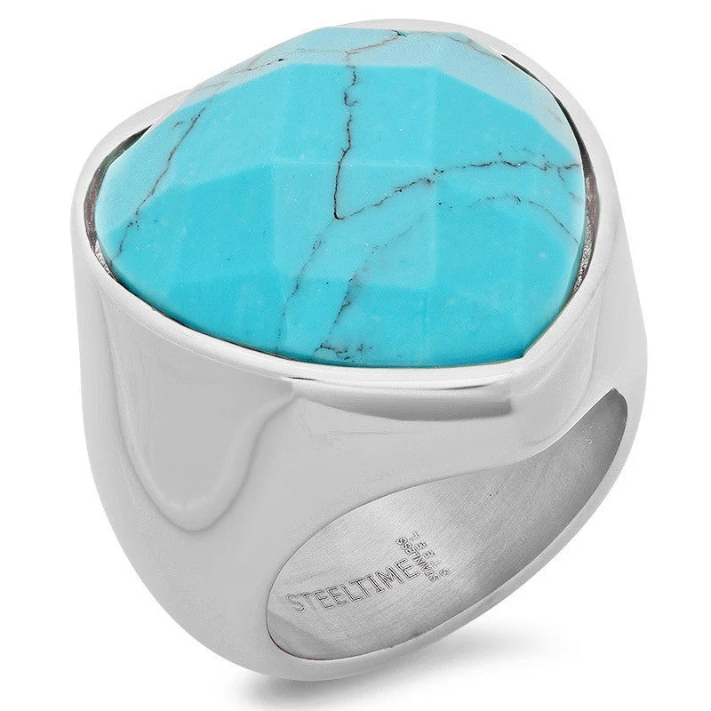 Root curl ring-Ladies Stainless Steel Heart Shaped Ring with Genuine Turquoise