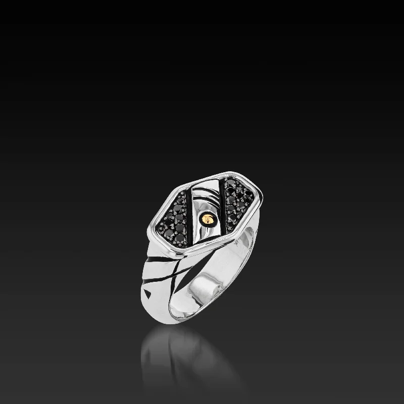 Tribal glyph ring-Matrix Black Diamond Hexagon Ring