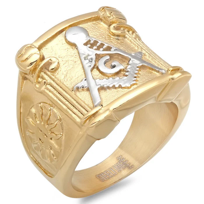 Stamped pattern ring-Men's 18 KT Gold Plated Masonic Ring with Stainless Steel Symbol