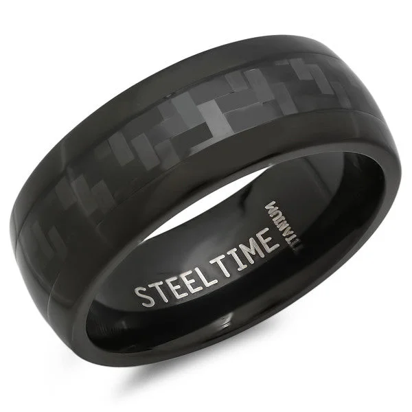 Subtle twist ring-Steeltime Men's Black IP Stainless Steel and Black Carbon Fiber Ring