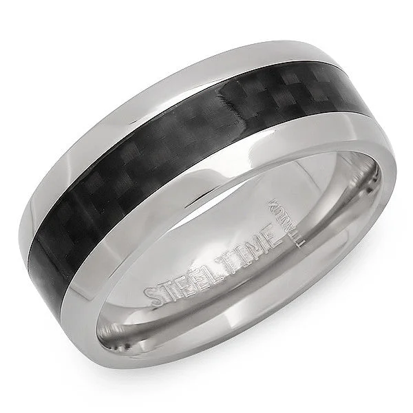 Rippled shank ring-Steeltime Men's Stainless Steel and Black Carbon Fiber Ring