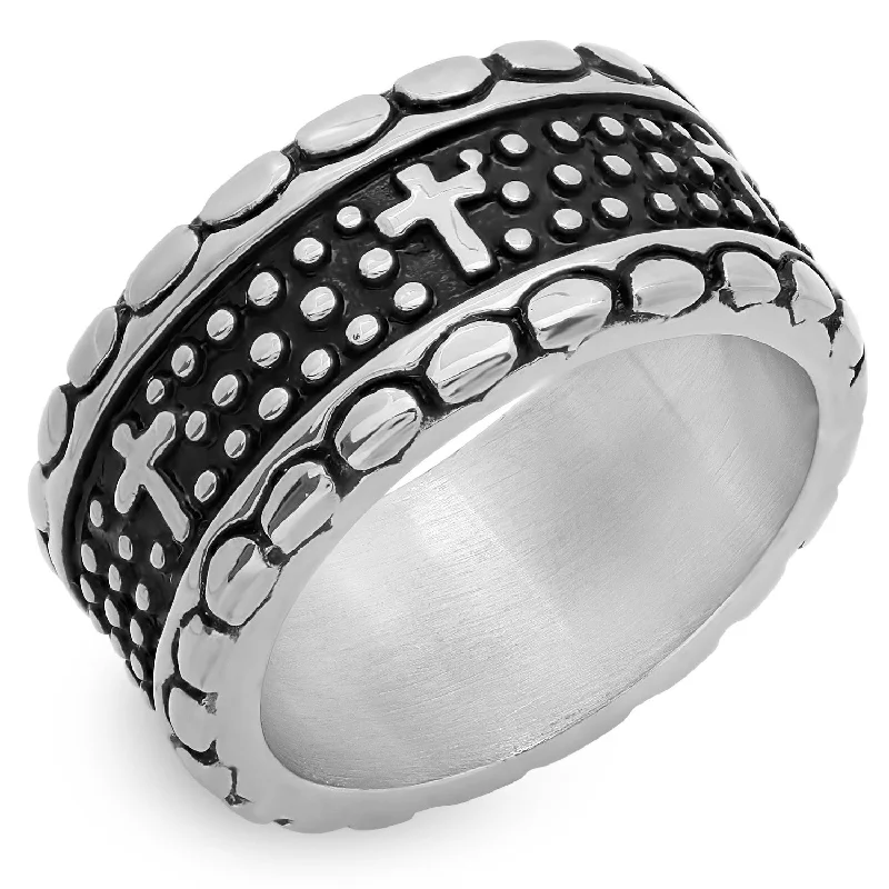 Fluid stripe ring-Men's Stainless Steel Ring with Cross Accent