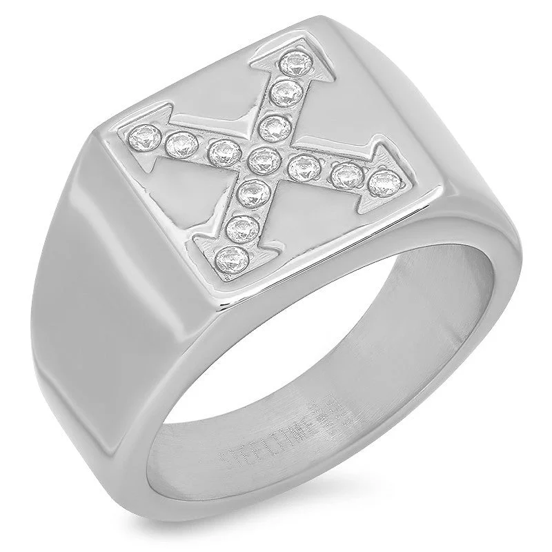 Summit ridge ring-Men's Stainless Steel "X" Ring with Cubic Zirconia