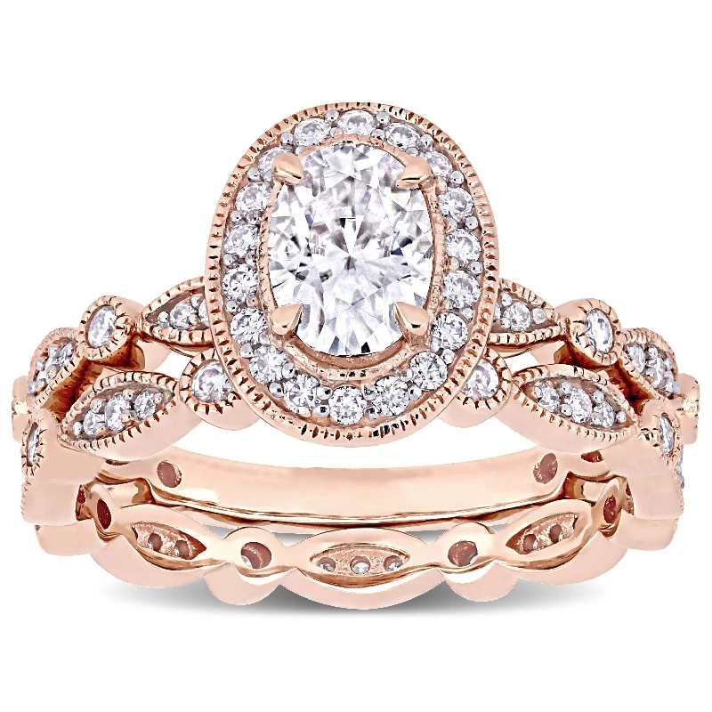 Ragged edge ring-Miadora 1 1/2ct DEW Oval-cut Moissanite Halo Vintage Bridal Ring Set in 10k Rose Gold