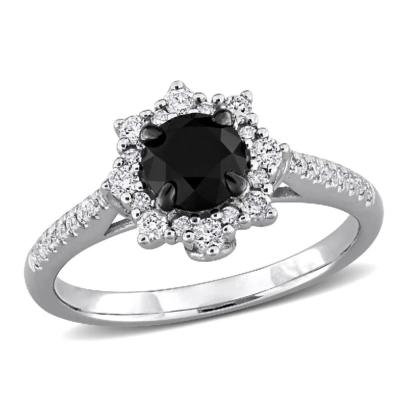 Tinted gem ring-Miadora 1 1/6ct TW Black White Diamond Halo Engagement Ring in 14k White Gold