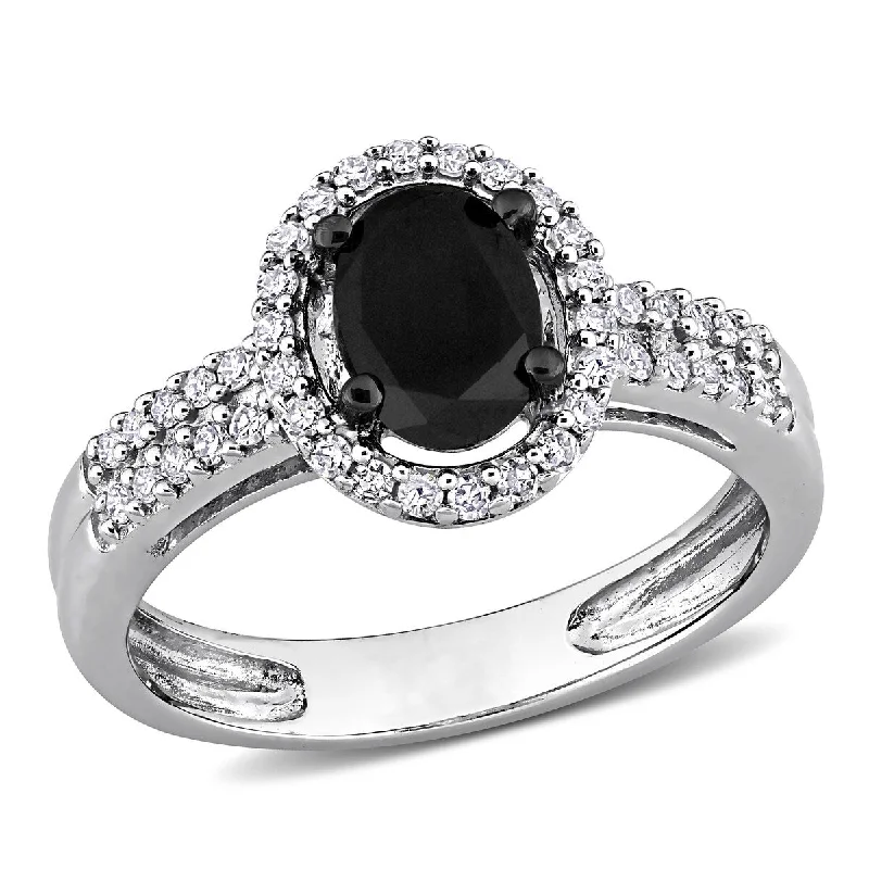 Steel band ring-Miadora 1ct TW Oval Round-Cut Black White Diamond Engagement Ring in 14k White Gold