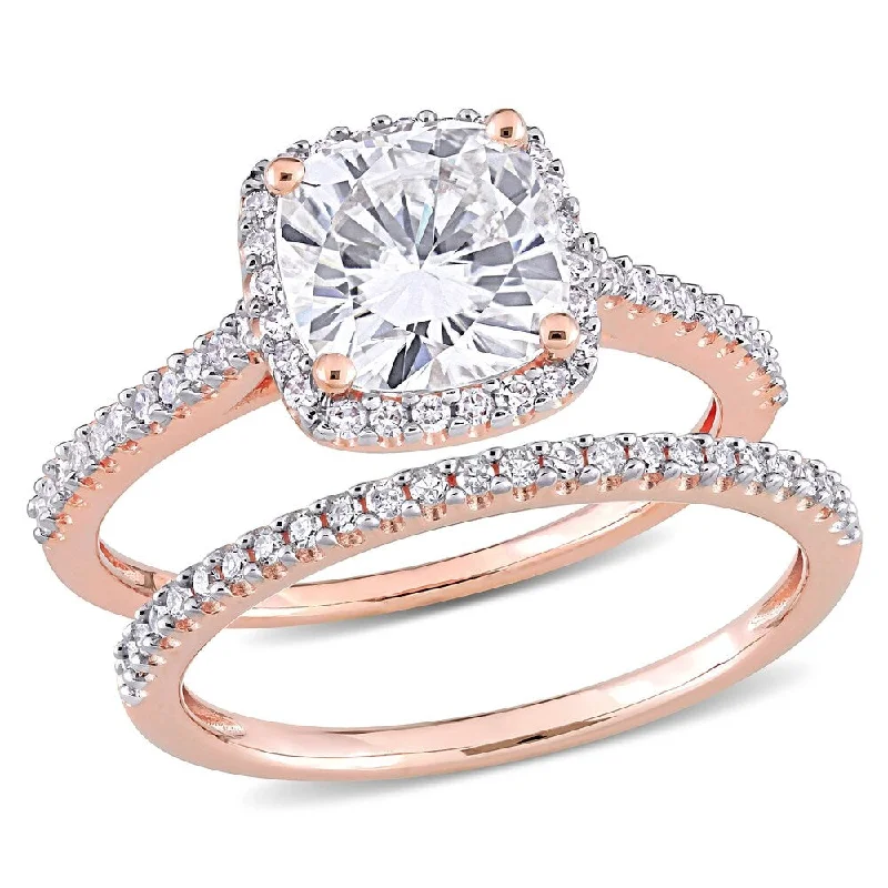 Frayed edge ring-Miadora 2ct DEW Cushion-cut Moissanite and 1/3ct TDW Diamond Halo Bridal Ring Set in 14k Rose Gold