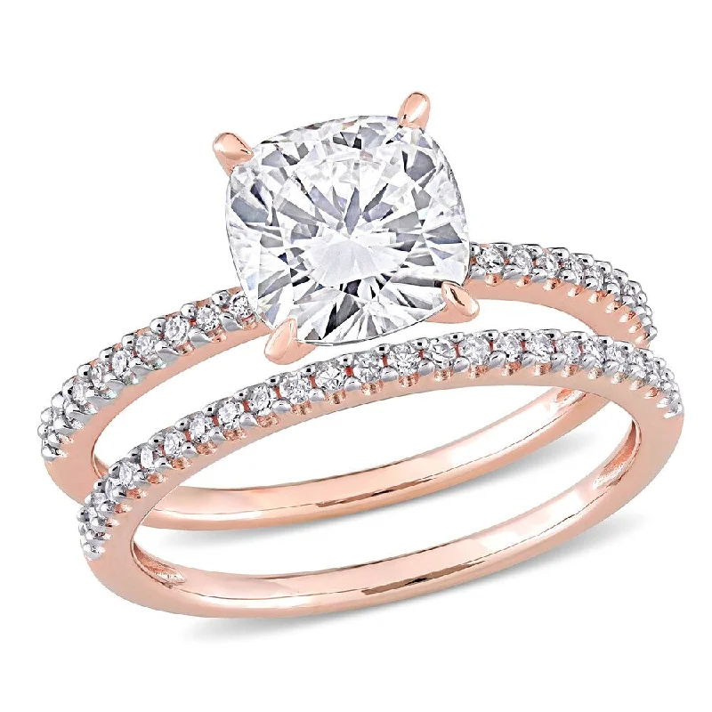 Tusk spike ring-Miadora 2ct DEW Cushion-cut Moissanite and 1/4ct TDW Diamond Bridal Ring Set in 14k Rose Gold