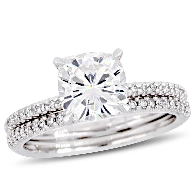 Orbit swirl ring-Miadora 2ct DEW Cushion-Cut Moissanite and 1/4ct TDW Diamond Bridal Ring Set in 14k White Gold