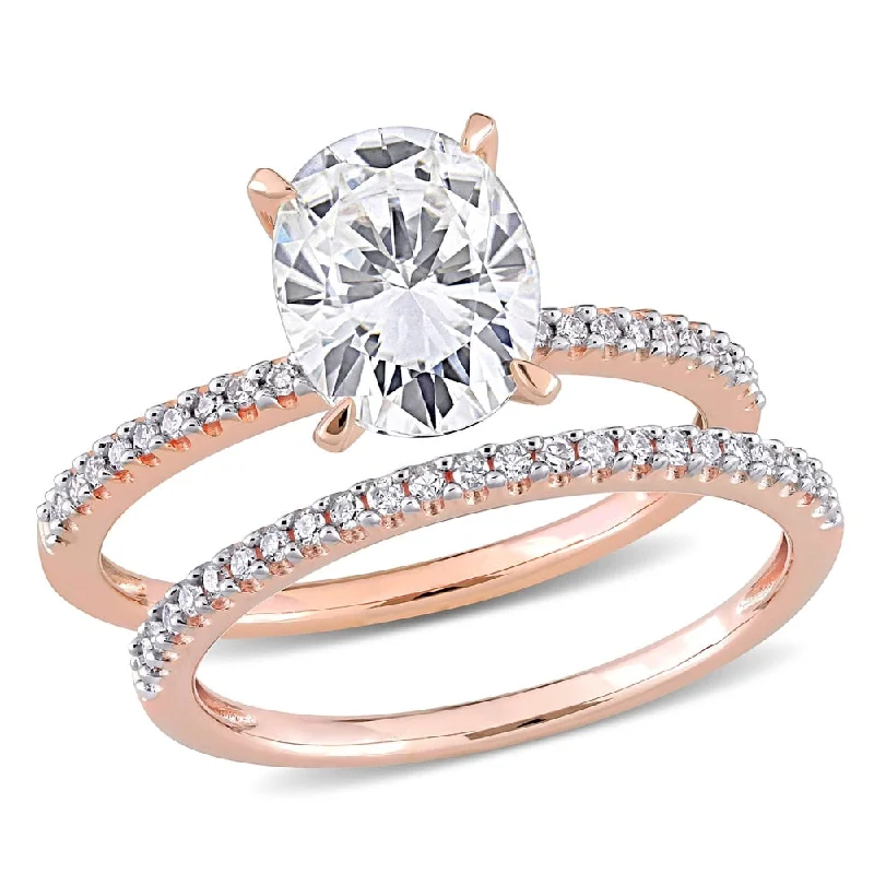 Tusk spike ring-Miadora 2ct DEW Oval-Cut Moissanite and 1/4ct TDW Diamond Bridal Ring Set in 14k Rose Gold