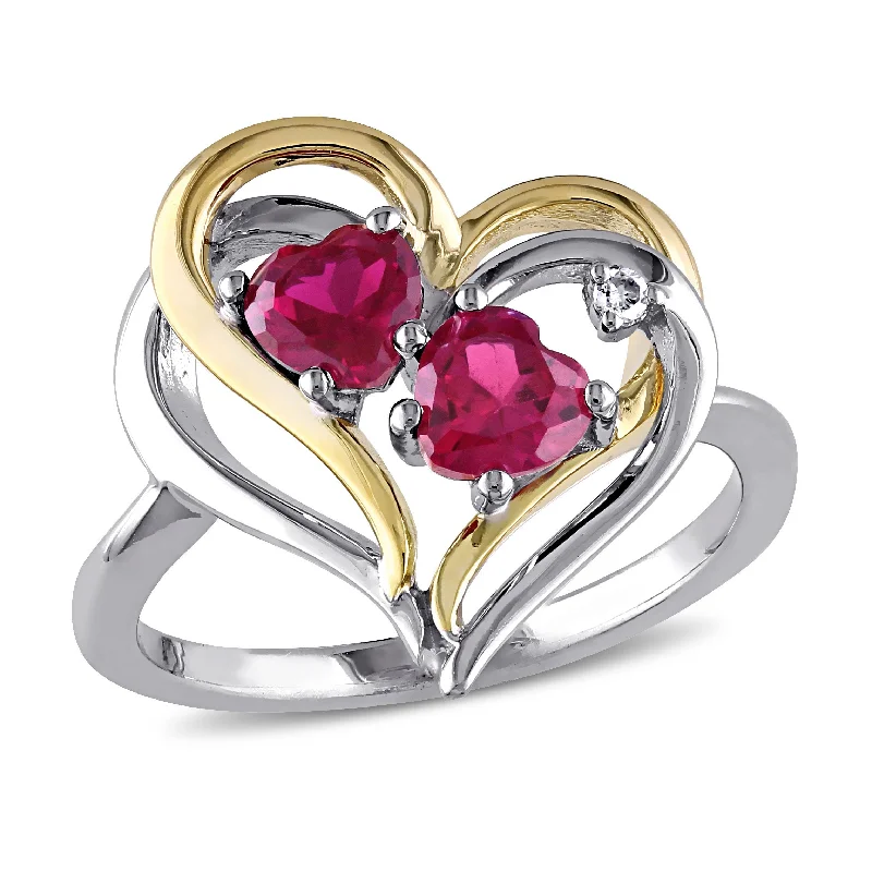 Rye stalk ring-Mimi & Max 1 1/6ct TGW Created Ruby and Diamond Double Heart Ring in 2-Tone Yellow and White Sterling Silver