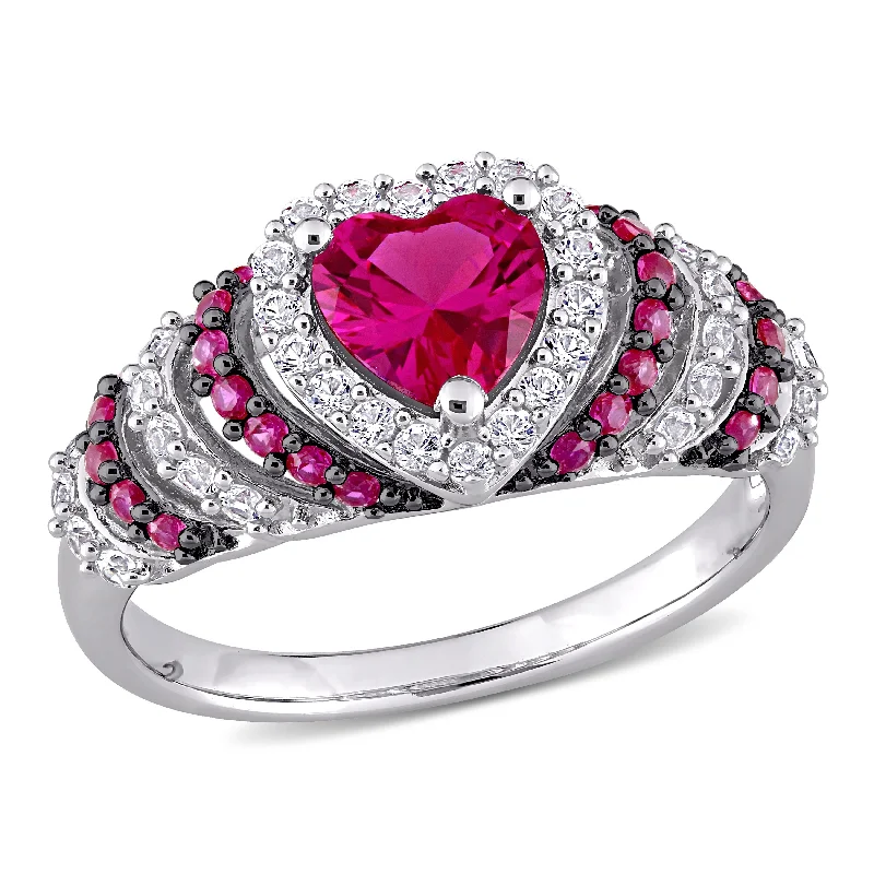 Morning haze ring-Mimi & Max 1 3/4ct TGW Created Ruby and Created White Sapphire Heart Halo Vintage Ring in Sterling Silver