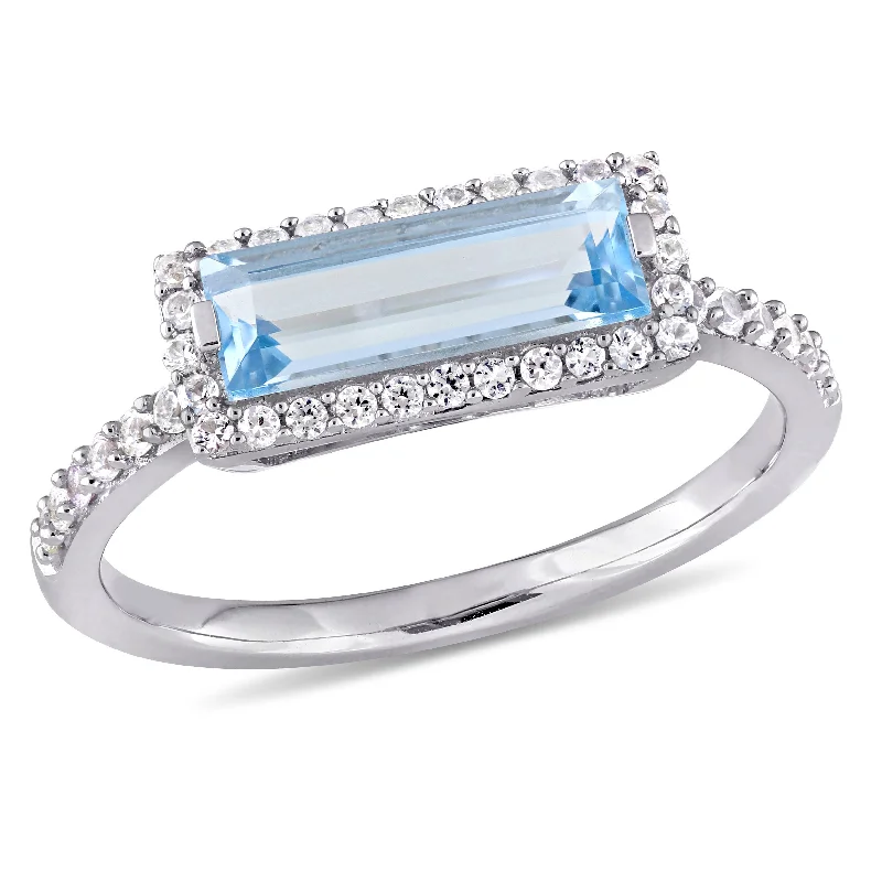 Coiled sprig ring-Mimi & Max 1 7/8ct TGW Baguette-Cut Blue Topaz and White Sapphire Halo Ring in Sterling Silver