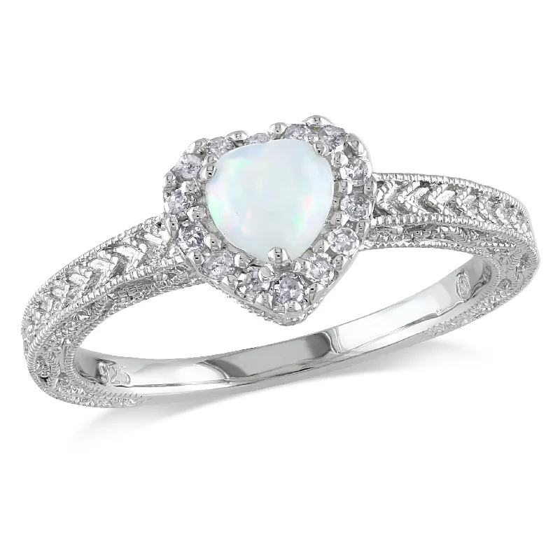 Check band ring-Mimi & Max 1/7ct TDW Diamond and Opal Heart Halo Ring in Sterling Silver