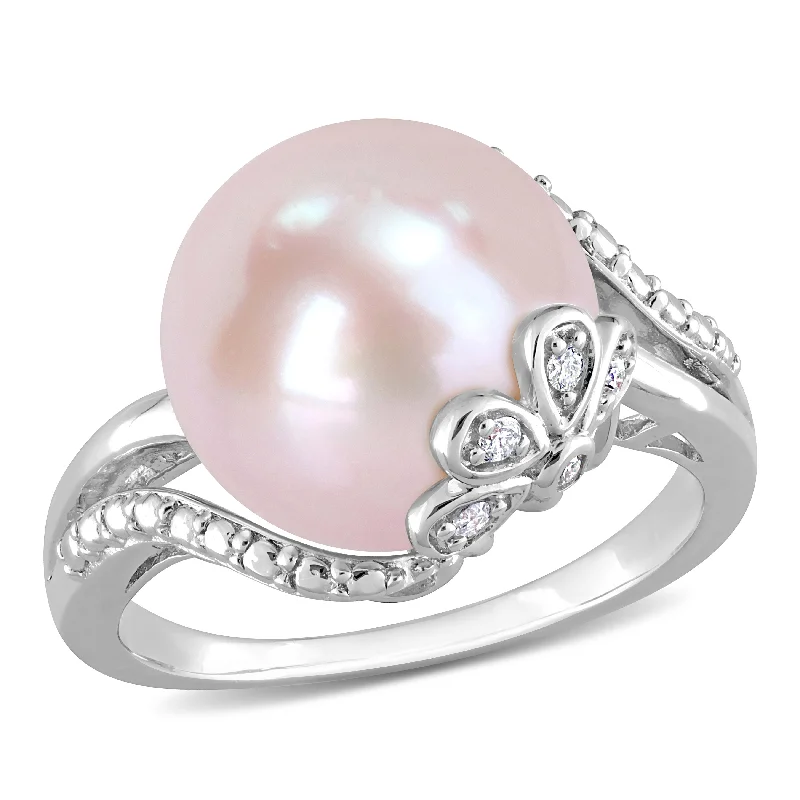 Gritty grain ring-Mimi & Max 12-12.5mm Button-Shaped Pink Freshwater Cultured Pearl and Diamond Accent Flower Split-Shank Ring in Sterling Silver