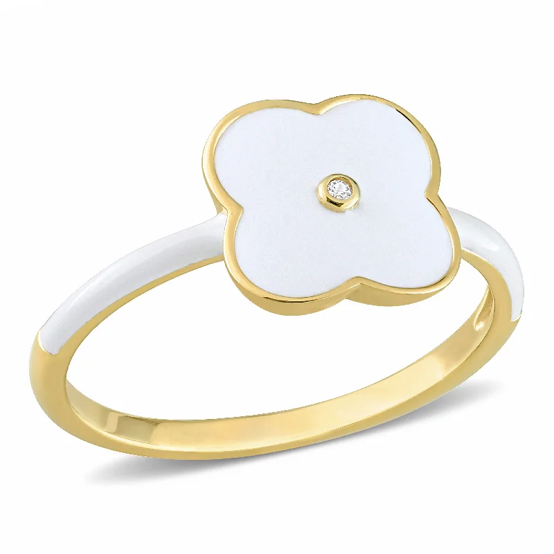 Cotton twist ring-Mimi & Max Created White Sapphire Floral White Enamel Ring in Yellow Plated Sterling Silver