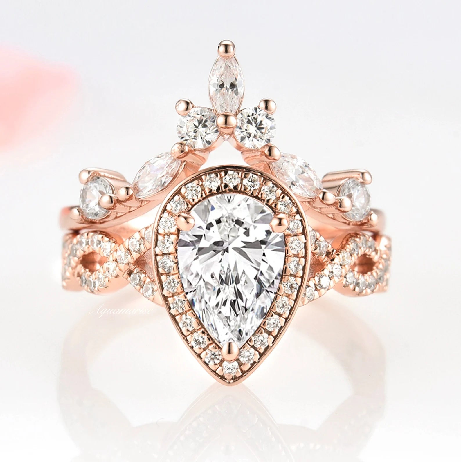 Forged alloy ring-Nouveau Diamond (cz) Engagement Ring Set- 14K Rose Gold Vermeil