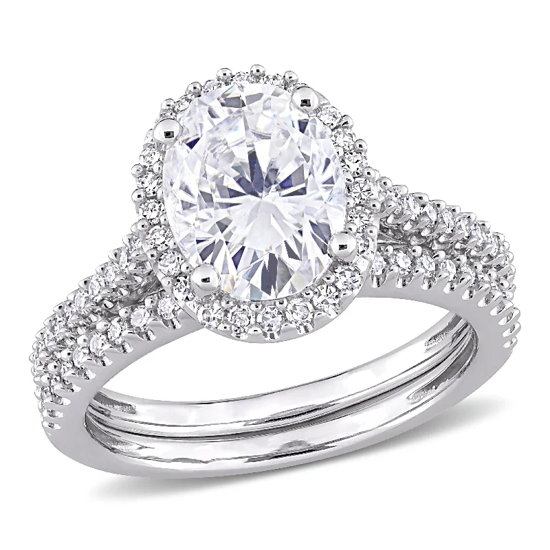 Cedar nut ring-Oval 2ct TGW Moissanite and 1/3ct TDW Diamond Bridal Set in 14k White Gold by Miadora