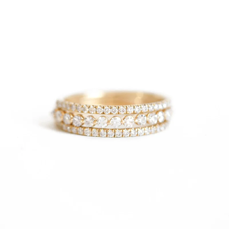 Pocked edge ring-Pavé Eternity Diamond & Floating Diamond Stacking Ring Set