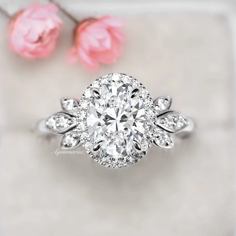 Sharp edge ring-Peony Moissanite Engagement Ring- 14K White Gold